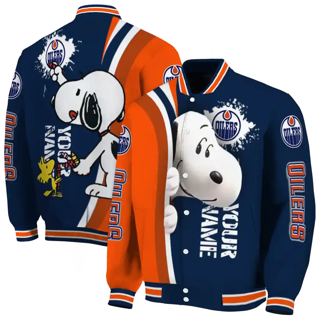 personalized edmonton oilers snoopy head blue varsity jacket fashion forward personalized edmonton oilers snoopy head blue varsity jacket fashion forward