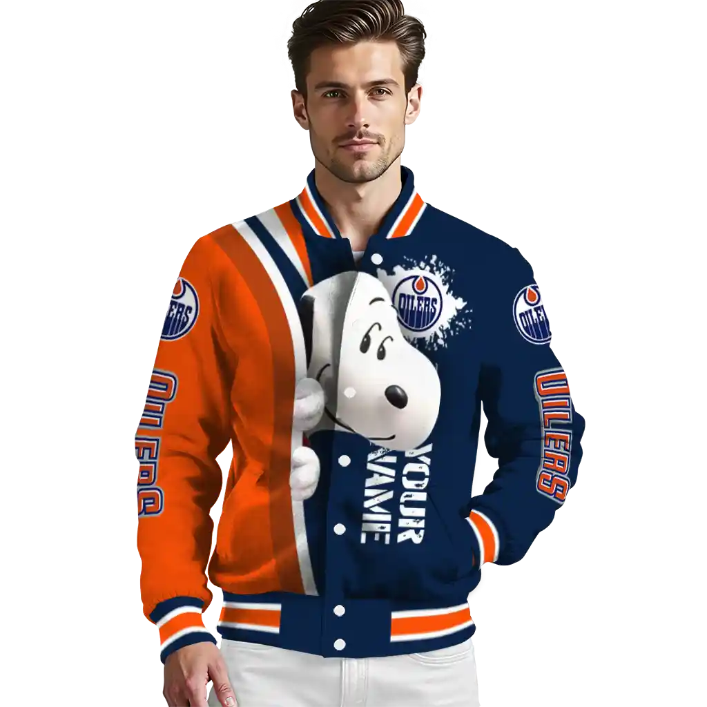 personalized edmonton oilers snoopy head blue varsity jacket high quality personalized edmonton oilers snoopy head blue varsity jacket high quality