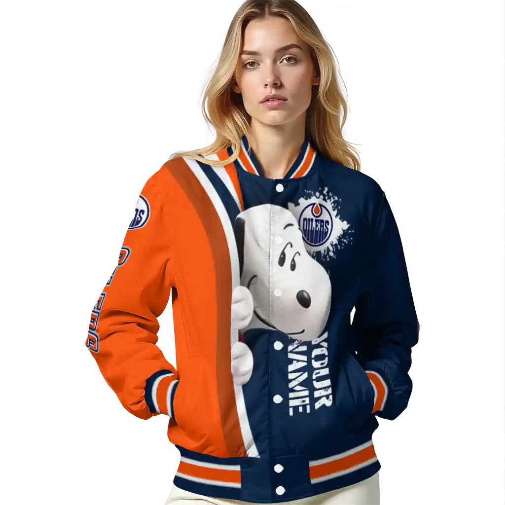 personalized edmonton oilers snoopy head blue varsity jacket latest model personalized edmonton oilers snoopy head blue varsity jacket latest model
