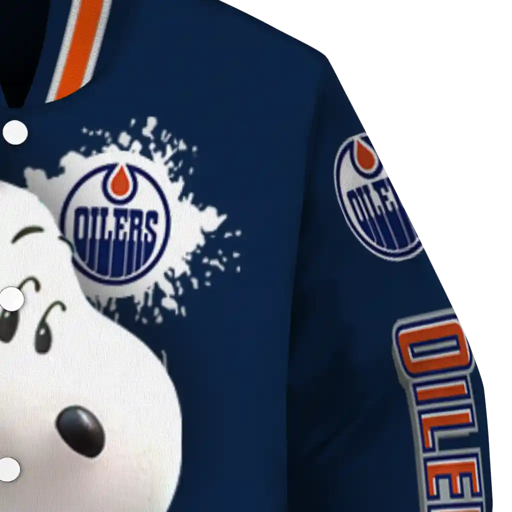 personalized edmonton oilers snoopy head blue varsity jacket premium grade personalized edmonton oilers snoopy head blue varsity jacket premium grade