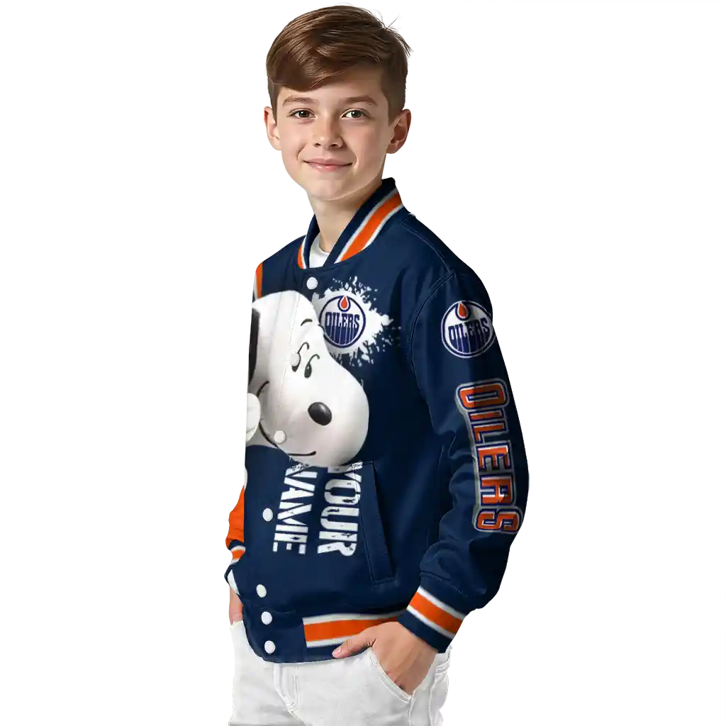 personalized edmonton oilers snoopy head blue varsity jacket trendy personalized edmonton oilers snoopy head blue varsity jacket trendy