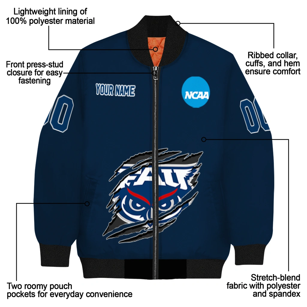 personalized florida atlantic owls claw mark blue bomber jacket new arrival personalized florida atlantic owls claw mark blue bomber jacket new arrival
