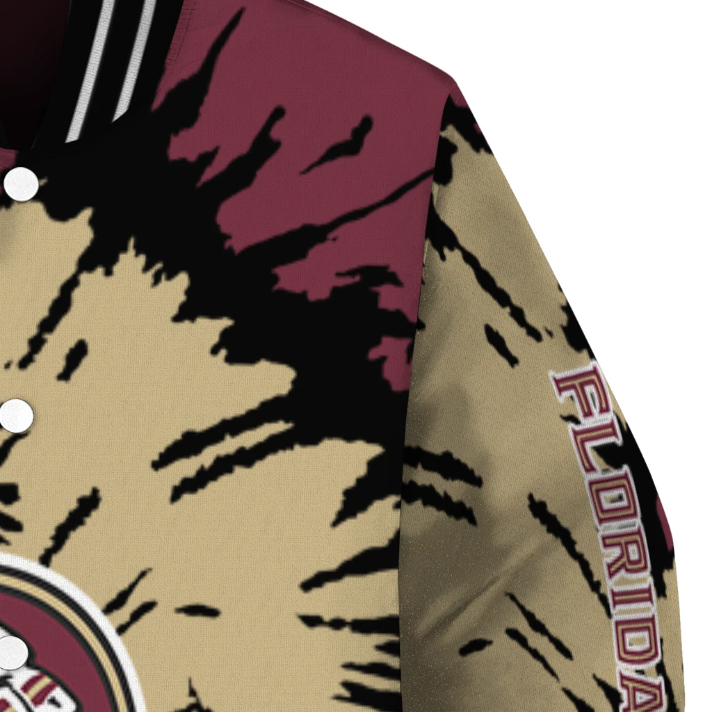 personalized florida state seminoles burst splatter garnet varsity jacket premium grade personalized florida state seminoles burst splatter garnet varsity jacket premium grade