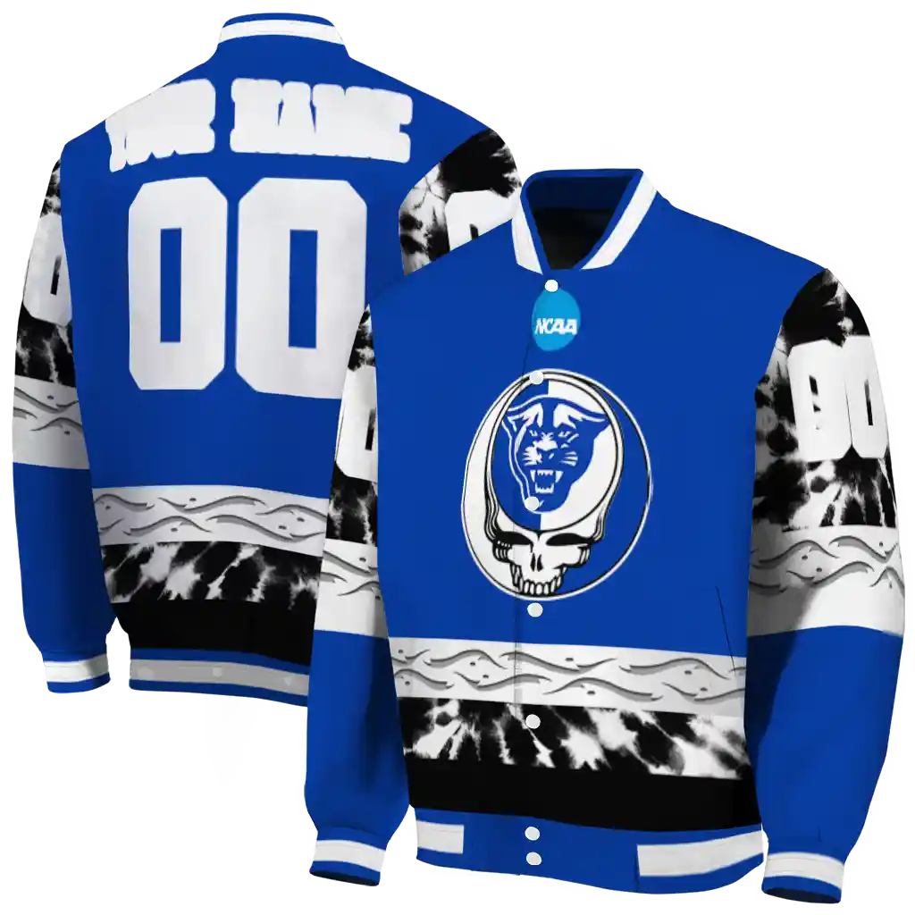 personalized georgia state panthers circle skull blue black varsity jacket fashion forward personalized georgia state panthers circle skull blue black varsity jacket fashion forward