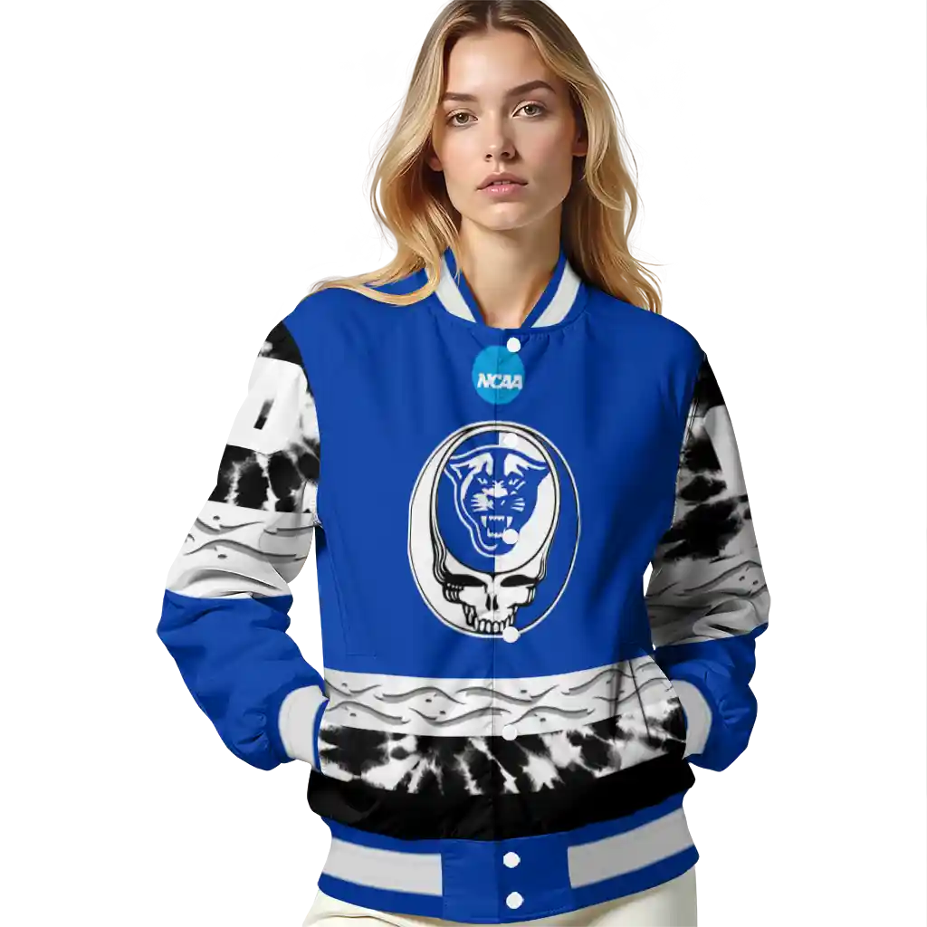 personalized georgia state panthers circle skull blue black varsity jacket latest model personalized georgia state panthers circle skull blue black varsity jacket latest model
