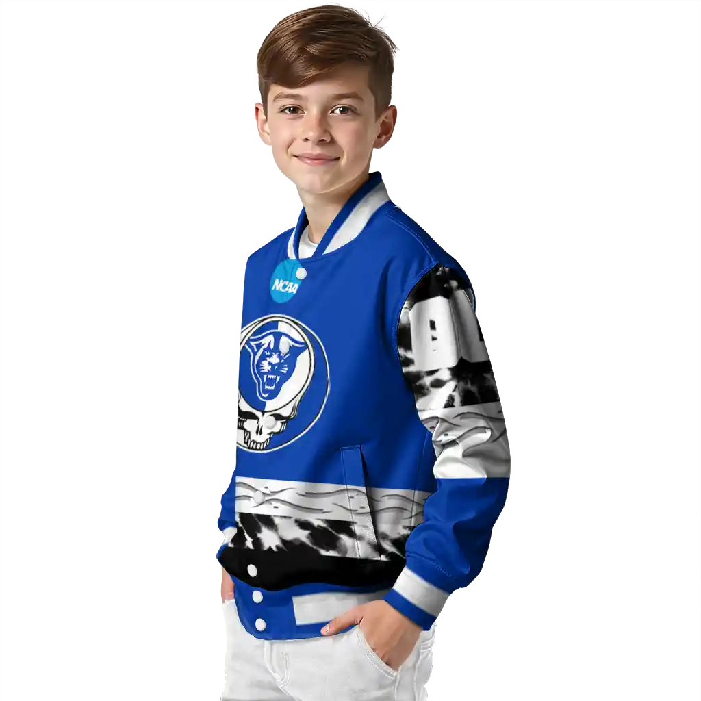 personalized georgia state panthers circle skull blue black varsity jacket trendy personalized georgia state panthers circle skull blue black varsity jacket trendy