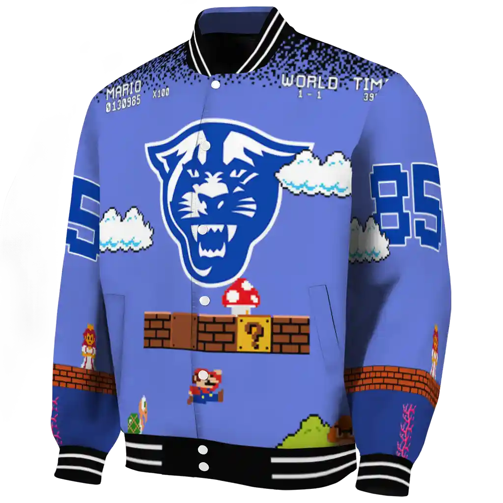 personalized georgia state panthers mario blocks blue black varsity jacket best selling personalized georgia state panthers mario blocks blue black varsity jacket best selling