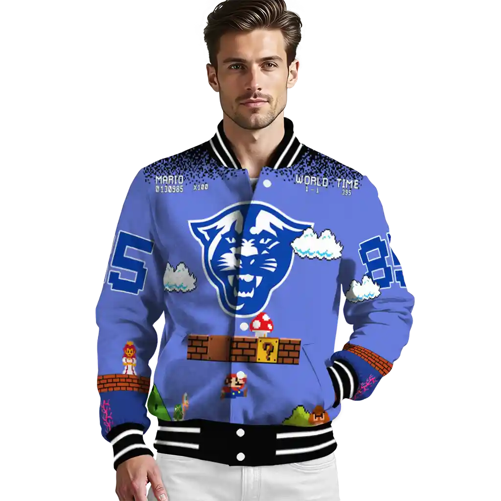 personalized georgia state panthers mario blocks blue black varsity jacket high quality personalized georgia state panthers mario blocks blue black varsity jacket high quality