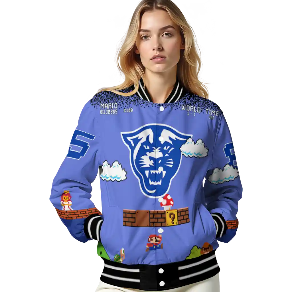 personalized georgia state panthers mario blocks blue black varsity jacket latest model personalized georgia state panthers mario blocks blue black varsity jacket latest model