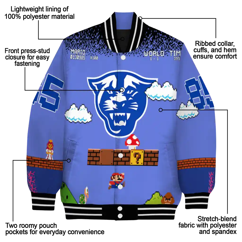 personalized georgia state panthers mario blocks blue black varsity jacket new arrival personalized georgia state panthers mario blocks blue black varsity jacket new arrival