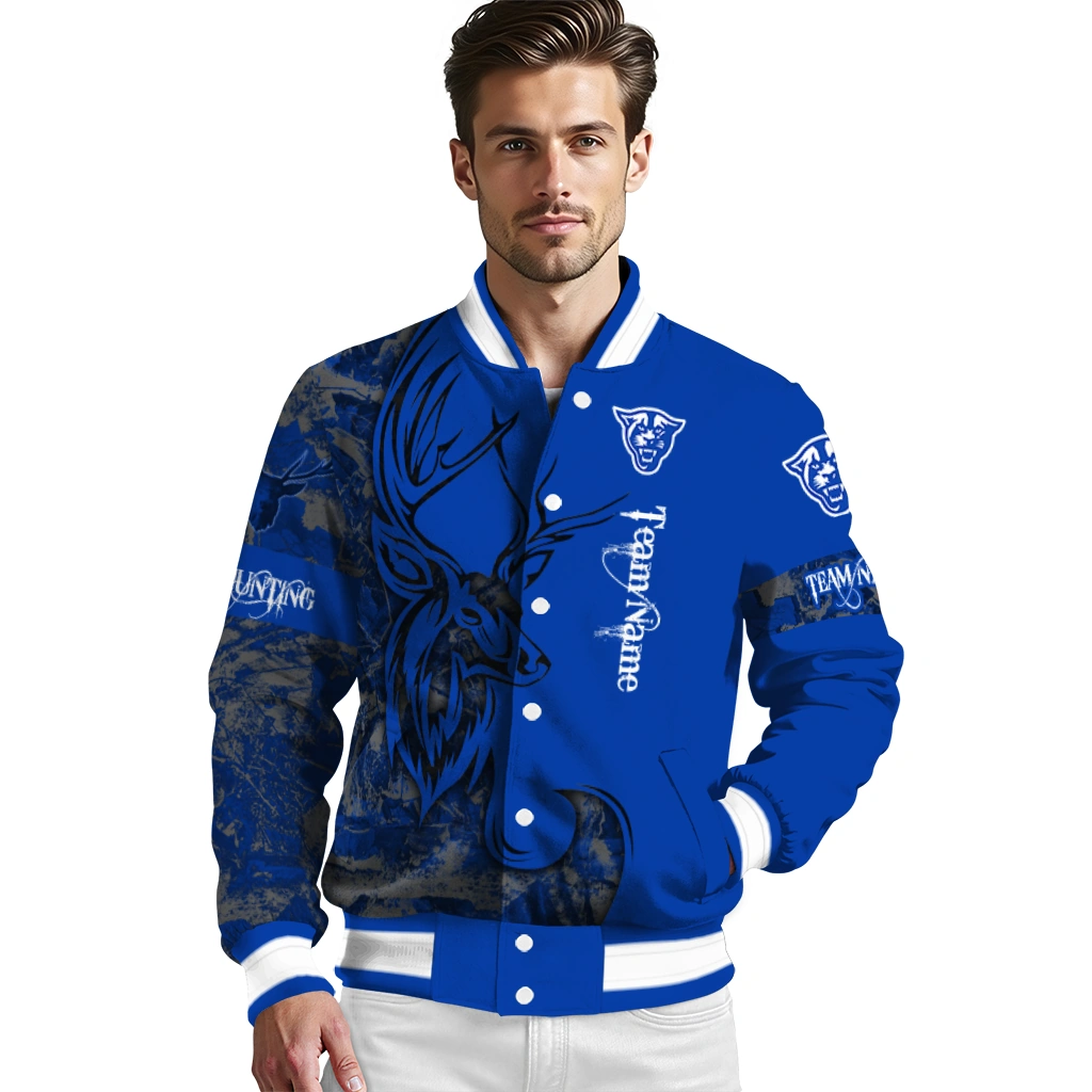 personalized georgia state panthers tribal deer art blue varsity jacket high quality personalized georgia state panthers tribal deer art blue varsity jacket high quality