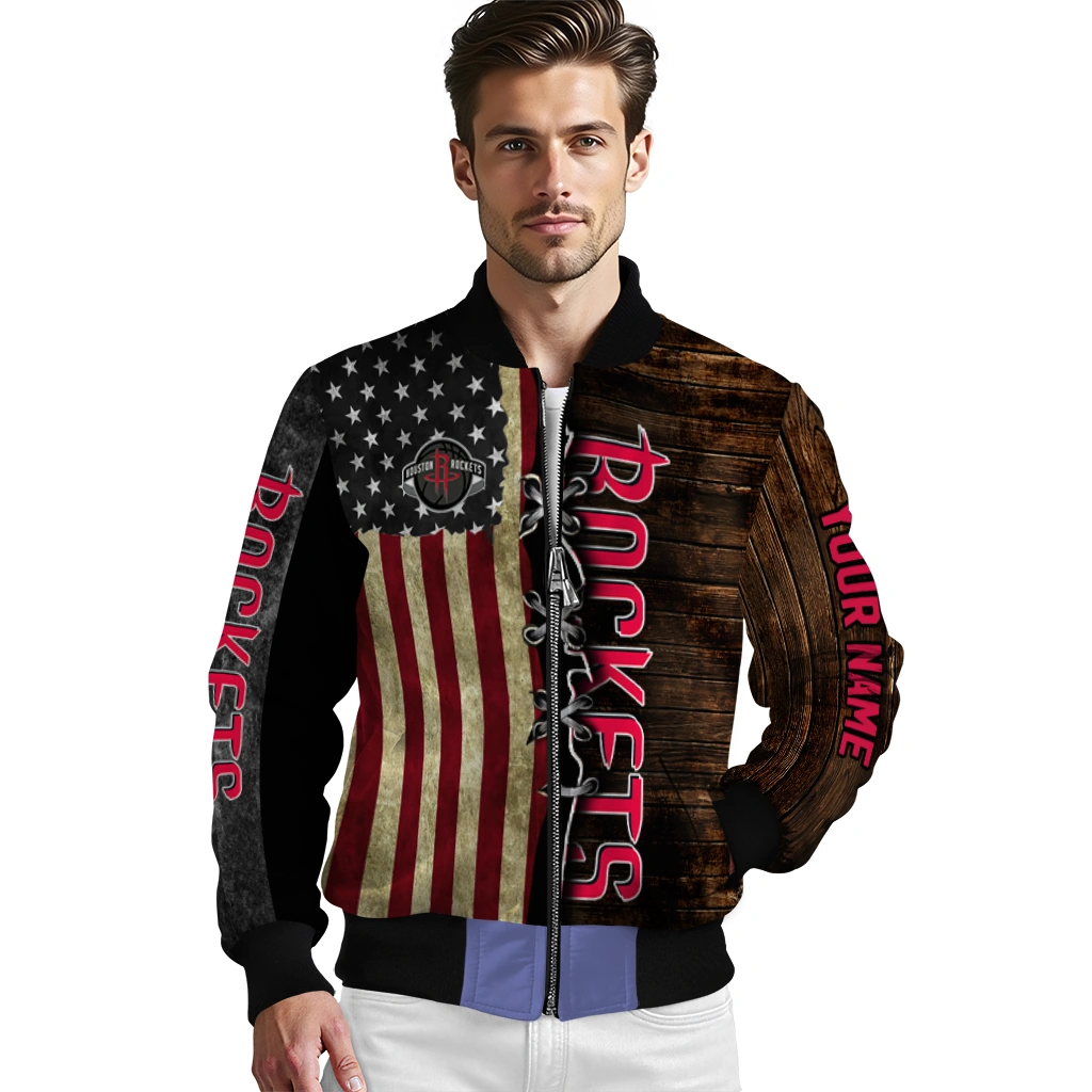 personalized houston rockets flag wood brown bomber jacket high quality personalized houston rockets flag wood brown bomber jacket high quality