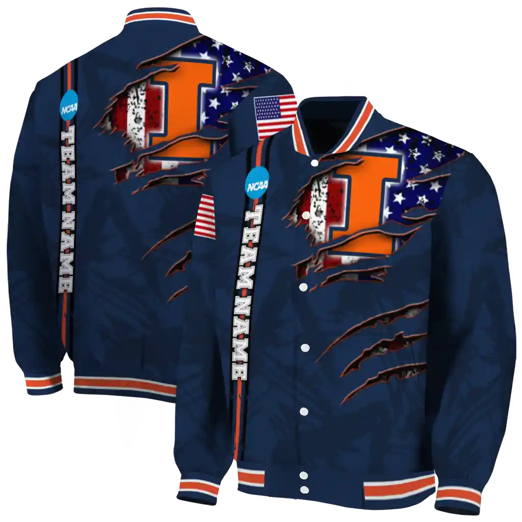 personalized illinois fighting illini usa flag claws blue varsity jacket fashion forward personalized illinois fighting illini usa flag claws blue varsity jacket fashion forward