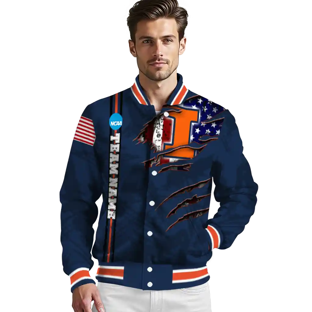personalized illinois fighting illini usa flag claws blue varsity jacket high quality personalized illinois fighting illini usa flag claws blue varsity jacket high quality