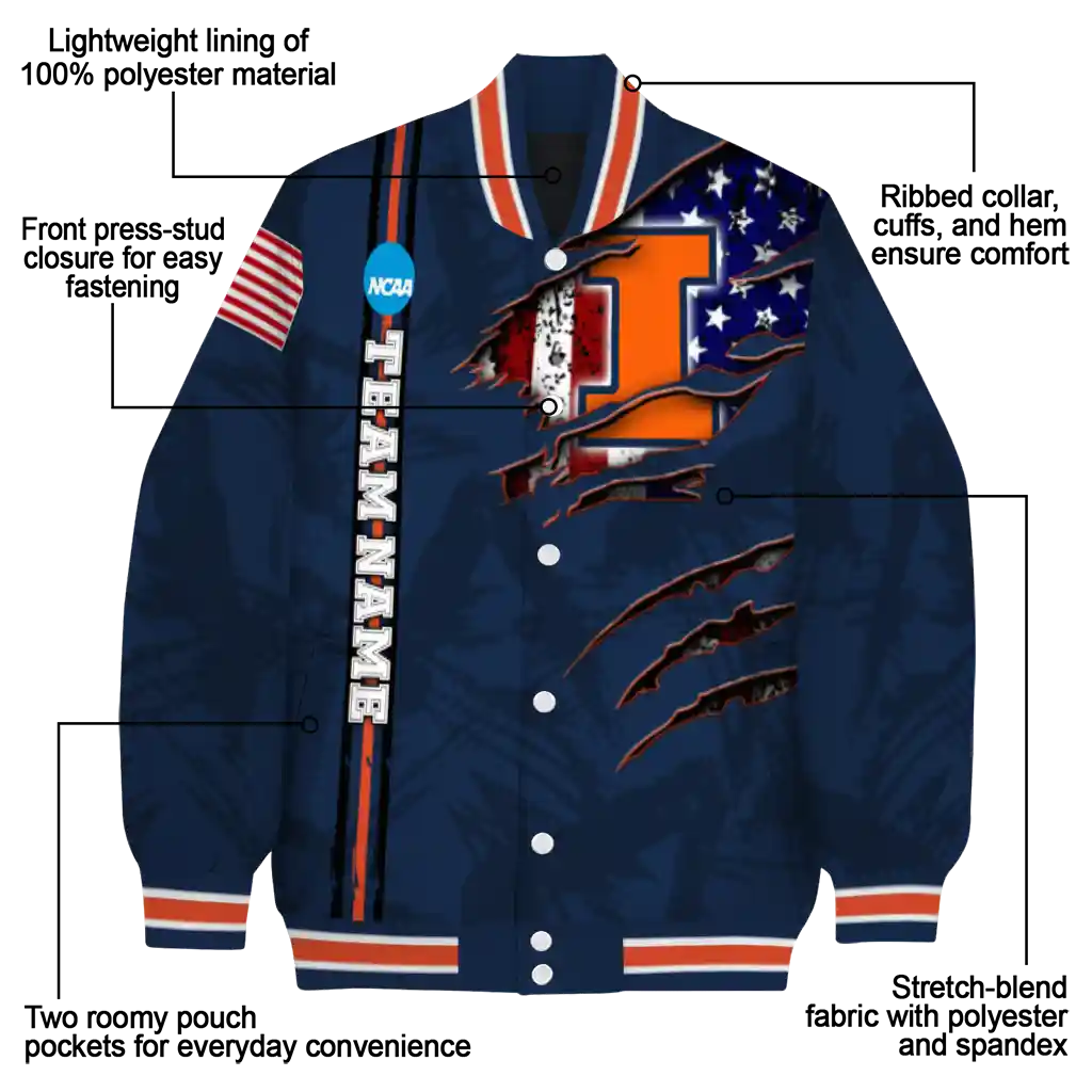 personalized illinois fighting illini usa flag claws blue varsity jacket new arrival personalized illinois fighting illini usa flag claws blue varsity jacket new arrival