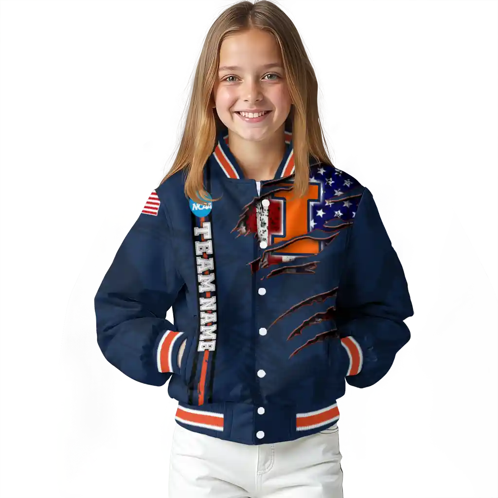 personalized illinois fighting illini usa flag claws blue varsity jacket top rated personalized illinois fighting illini usa flag claws blue varsity jacket top rated