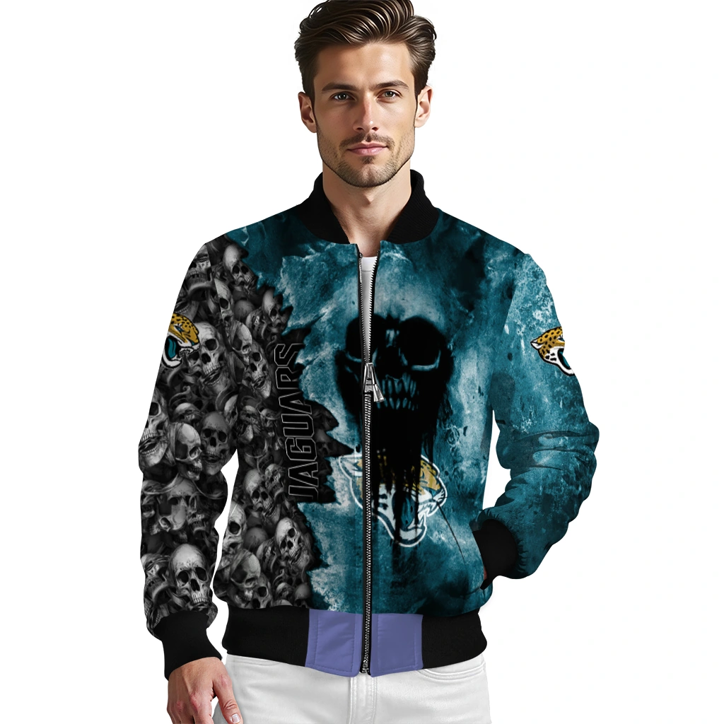 personalized jacksonville jaguars skull cluster teal bomber jacket high quality personalized jacksonville jaguars skull cluster teal bomber jacket high quality