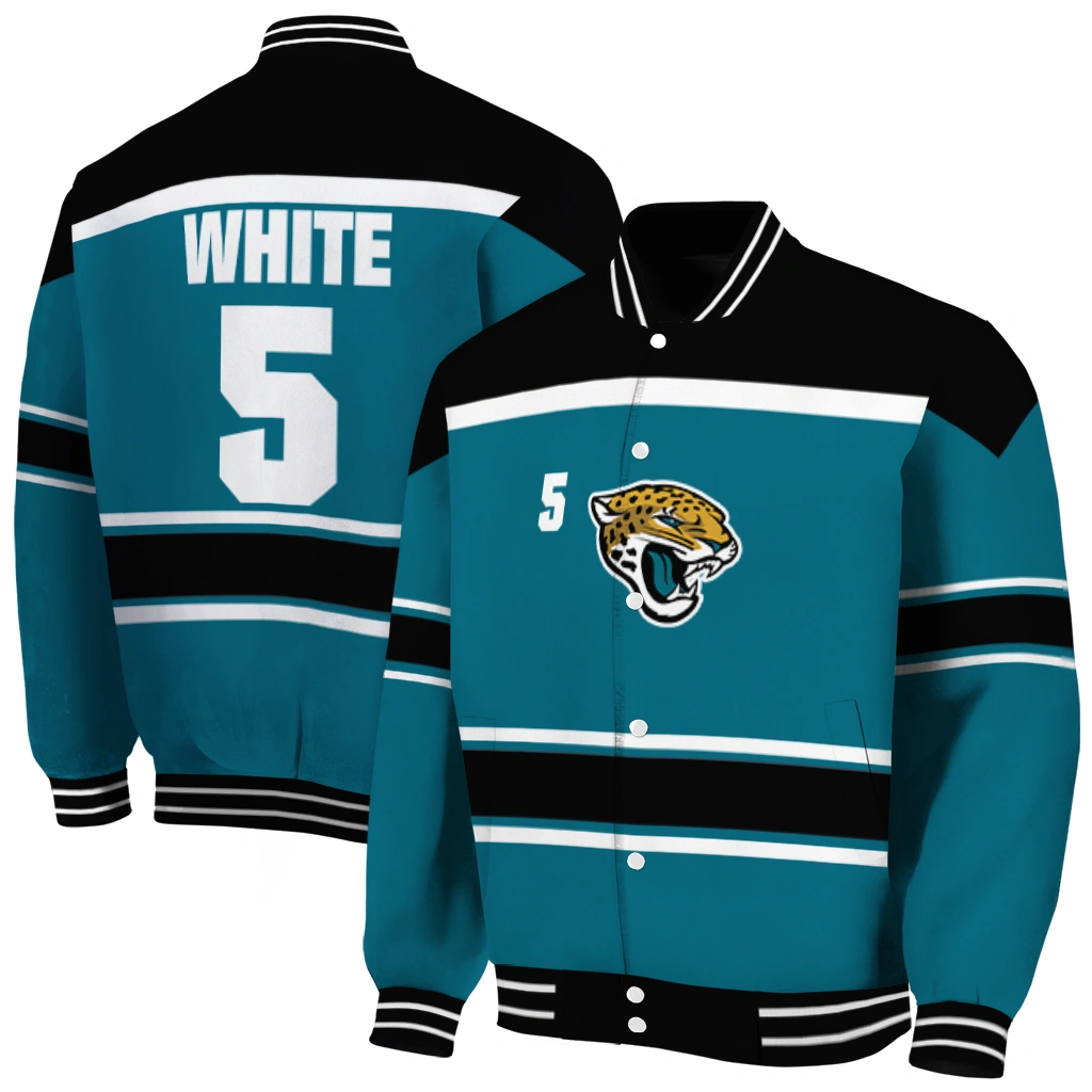 personalized jacksonville jaguars stripe statement teal black varsity jacket fashion forward personalized jacksonville jaguars stripe statement teal black varsity jacket fashion forward
