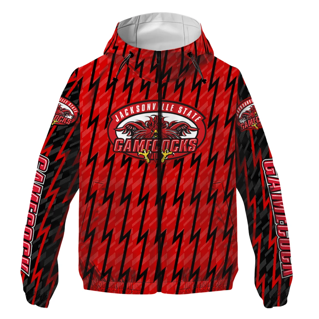 personalized jacksonville state gamecocks lightning strike grid red windbreaker jacket best selling personalized jacksonville state gamecocks lightning strike grid red windbreaker jacket best selling