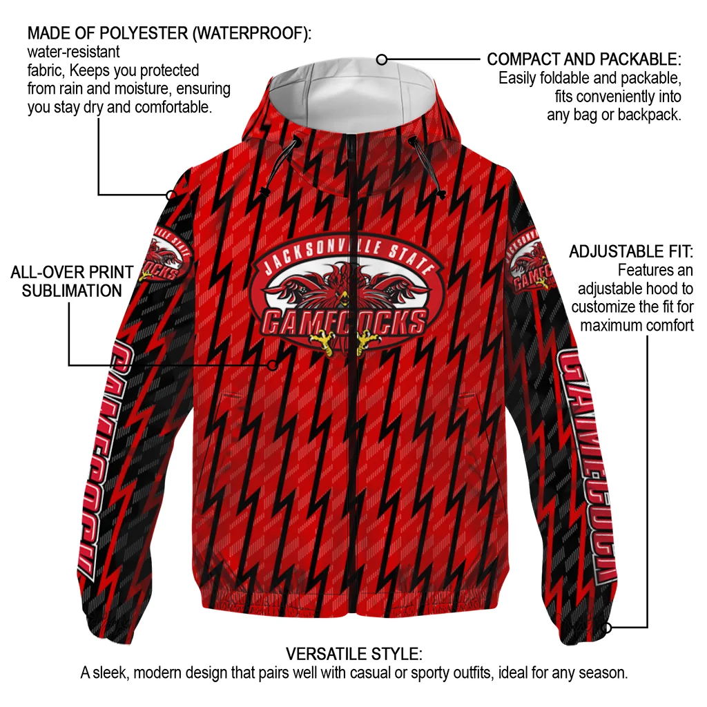 personalized jacksonville state gamecocks lightning strike grid red windbreaker jacket new arrival personalized jacksonville state gamecocks lightning strike grid red windbreaker jacket new arrival
