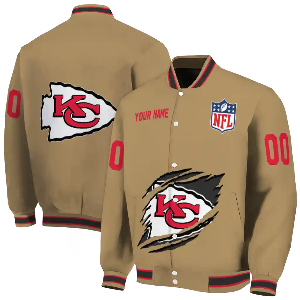 personalized kansas city chiefs claw tear beige varsity jacket fashion forward personalized kansas city chiefs claw tear beige varsity jacket fashion forward