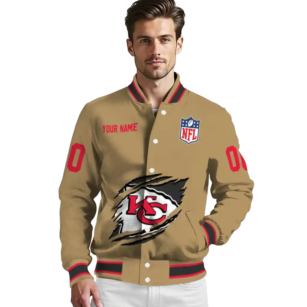 personalized kansas city chiefs claw tear beige varsity jacket high quality personalized kansas city chiefs claw tear beige varsity jacket high quality