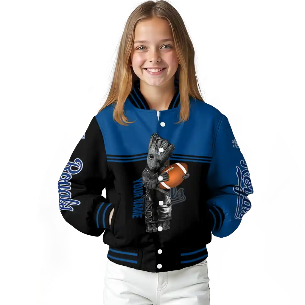 personalized kansas city royals groot football royal blue black varsity jacket top rated personalized kansas city royals groot football royal blue black varsity jacket top rated