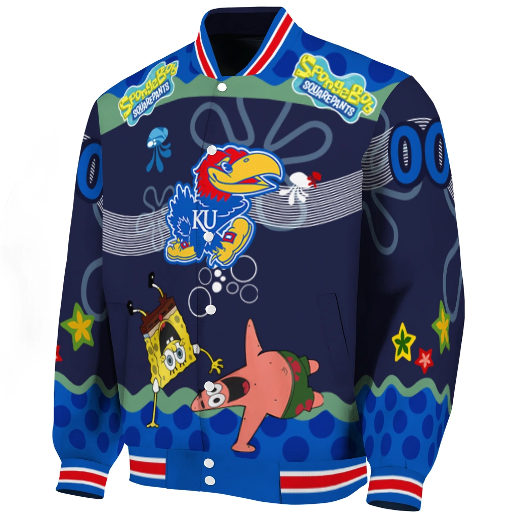 personalized kansas jayhawks spongebob playtime blue varsity jacket best selling personalized kansas jayhawks spongebob playtime blue varsity jacket best selling