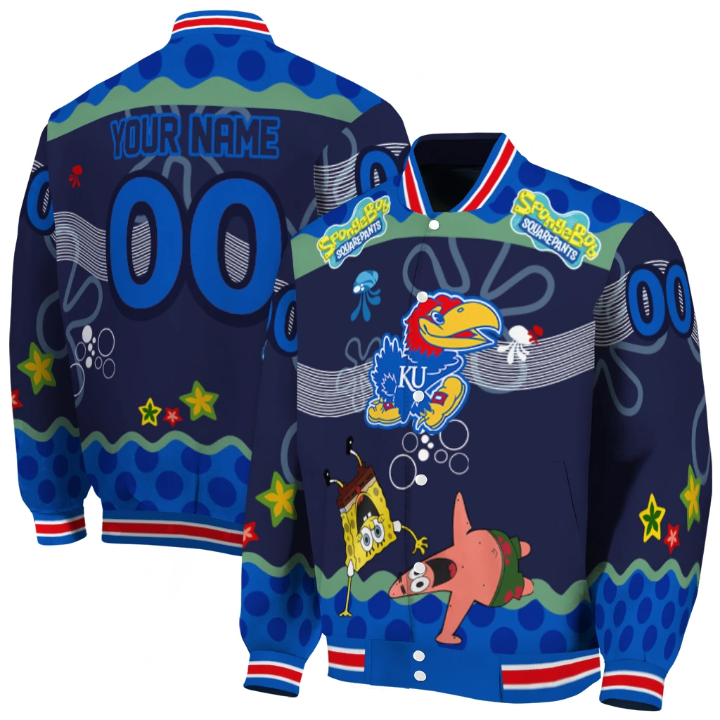 personalized kansas jayhawks spongebob playtime blue varsity jacket fashion forward personalized kansas jayhawks spongebob playtime blue varsity jacket fashion forward