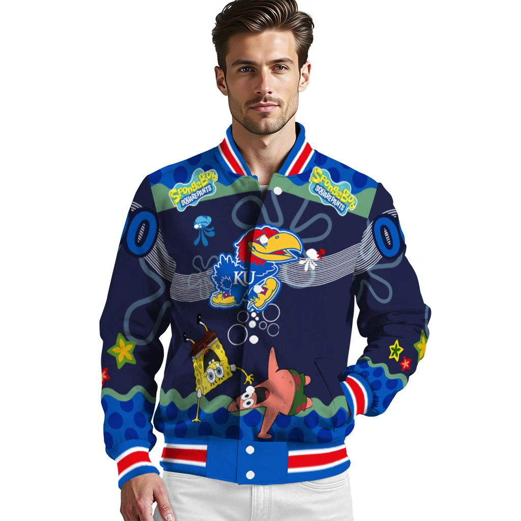 personalized kansas jayhawks spongebob playtime blue varsity jacket high quality personalized kansas jayhawks spongebob playtime blue varsity jacket high quality
