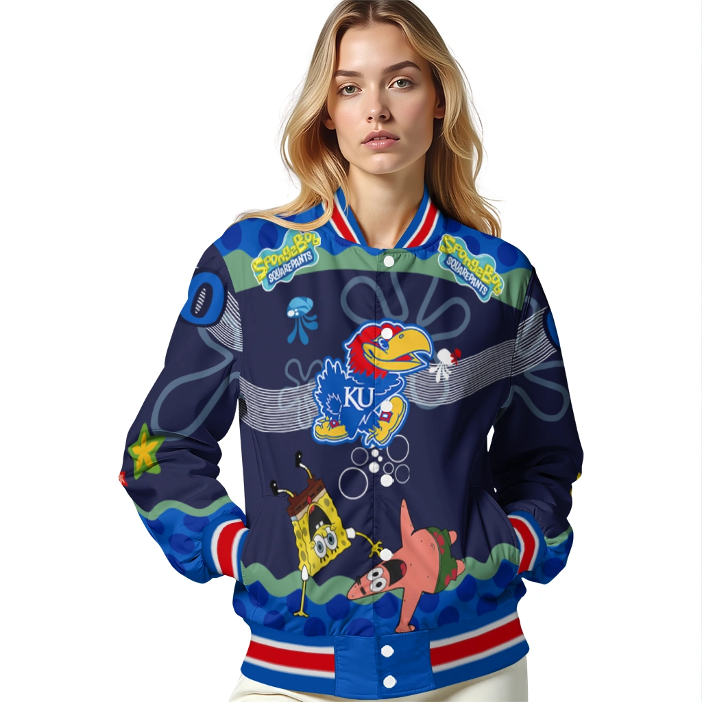 personalized kansas jayhawks spongebob playtime blue varsity jacket latest model personalized kansas jayhawks spongebob playtime blue varsity jacket latest model