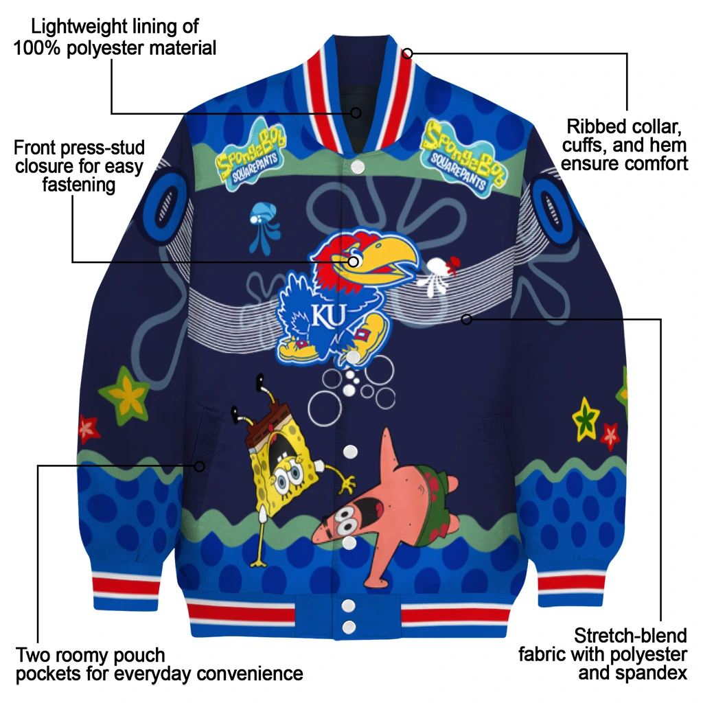 personalized kansas jayhawks spongebob playtime blue varsity jacket new arrival personalized kansas jayhawks spongebob playtime blue varsity jacket new arrival