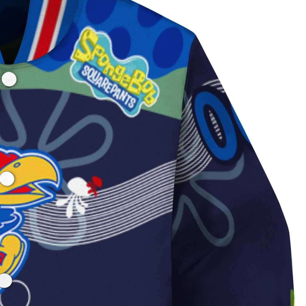 personalized kansas jayhawks spongebob playtime blue varsity jacket premium grade personalized kansas jayhawks spongebob playtime blue varsity jacket premium grade