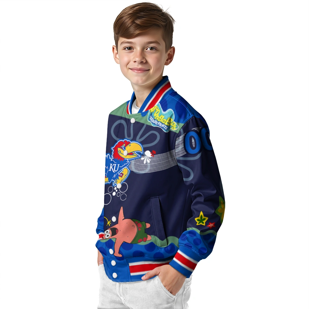 personalized kansas jayhawks spongebob playtime blue varsity jacket trendy personalized kansas jayhawks spongebob playtime blue varsity jacket trendy