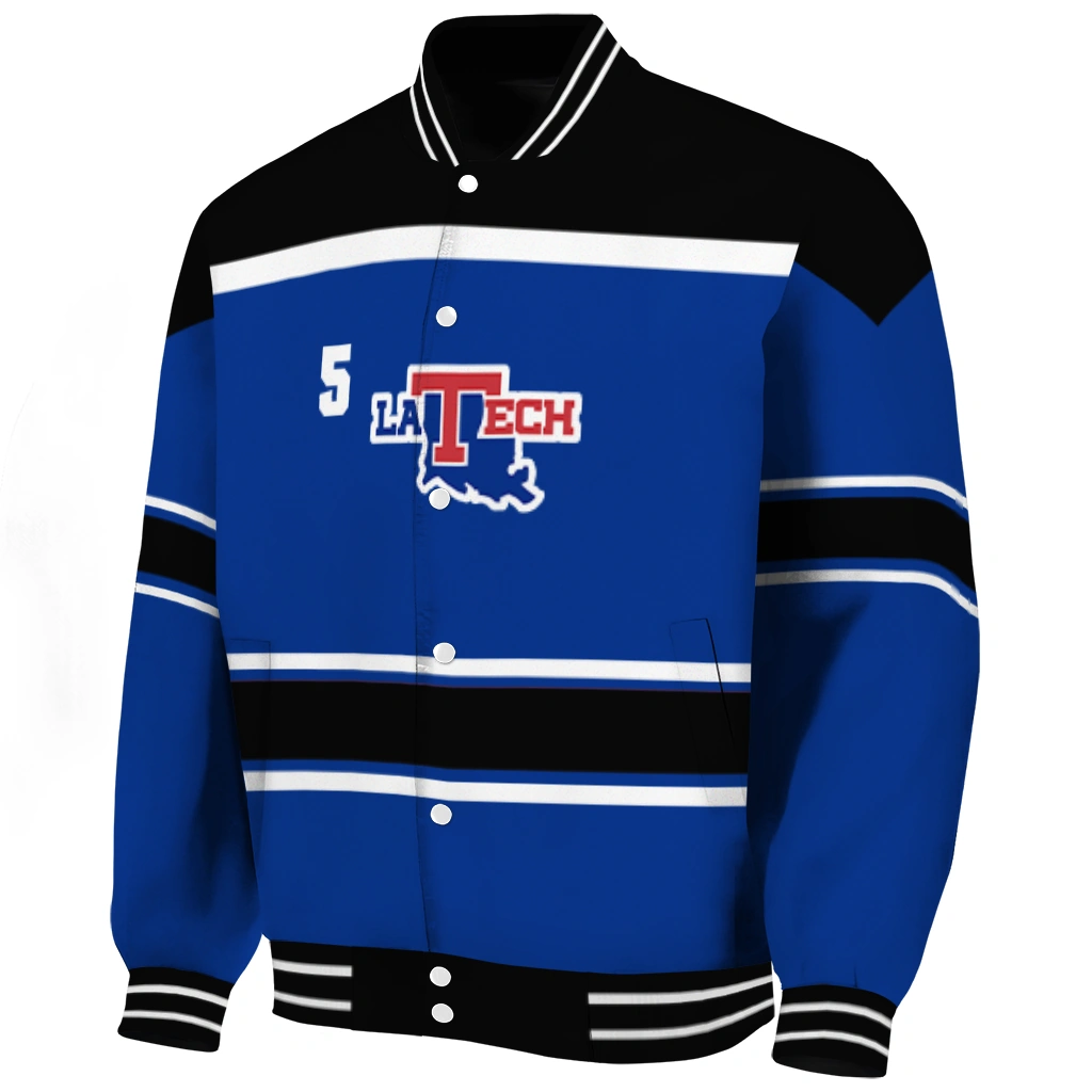 personalized la tech stripe statement blue black varsity jacket best selling personalized la tech stripe statement blue black varsity jacket best selling