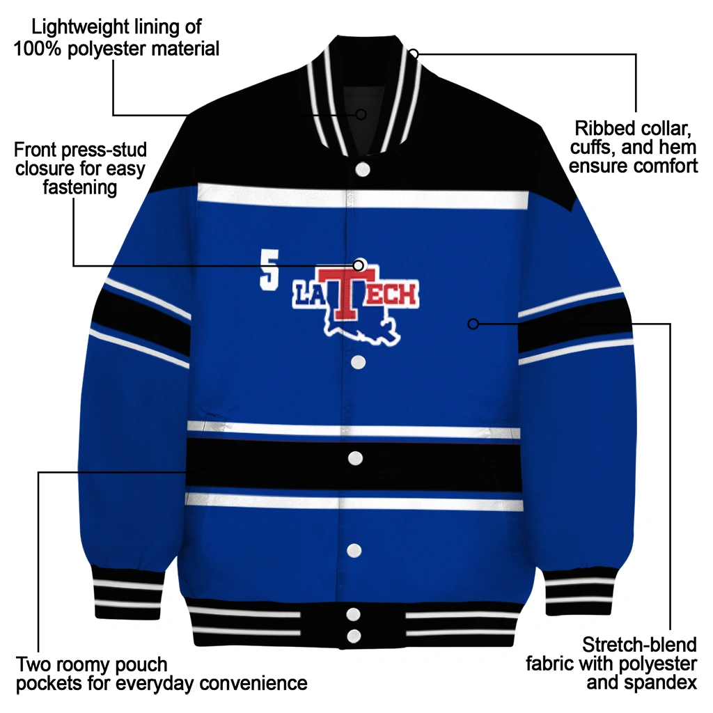 personalized la tech stripe statement blue black varsity jacket new arrival personalized la tech stripe statement blue black varsity jacket new arrival