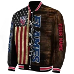 personalized liberty flames flag wood brown varsity jacket best selling