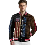 personalized liberty flames flag wood brown varsity jacket best selling