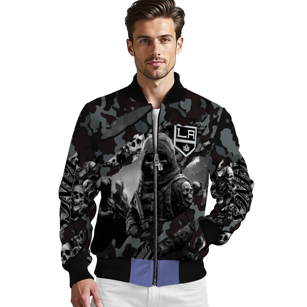 personalized los angeles kings skull horde black bomber jacket high quality personalized los angeles kings skull horde black bomber jacket high quality