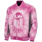 personalized los angeles rams pink tie dye pink varsity jacket best selling