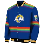 personalized los angeles rams rainbow jersey number blue varsity jacket best selling
