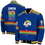 personalized los angeles rams rainbow jersey number blue varsity jacket best selling