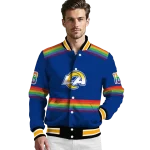 personalized los angeles rams rainbow jersey number blue varsity jacket best selling