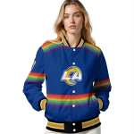 personalized los angeles rams rainbow jersey number blue varsity jacket best selling