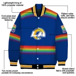 personalized los angeles rams rainbow jersey number blue varsity jacket best selling