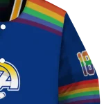 personalized los angeles rams rainbow jersey number blue varsity jacket best selling