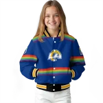 personalized los angeles rams rainbow jersey number blue varsity jacket best selling