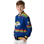 personalized los angeles rams rainbow jersey number blue varsity jacket best selling