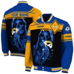 personalized los angeles rams reaper hands blue black varsity jacket best selling