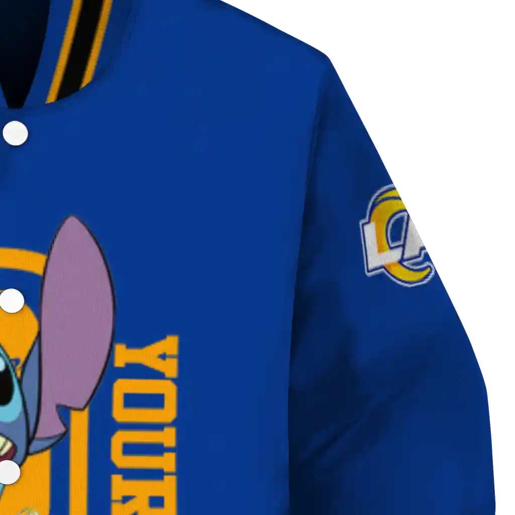 personalized los angeles rams stitch laughing blue varsity jacket premium grade personalized los angeles rams stitch laughing blue varsity jacket premium grade